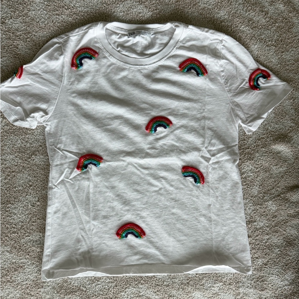 Zara White Tee with Rainbow Embroidery